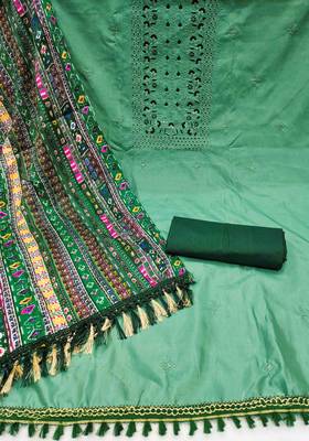 Women's classic green and pink color embrodiered and fancy border n combo dress material 4