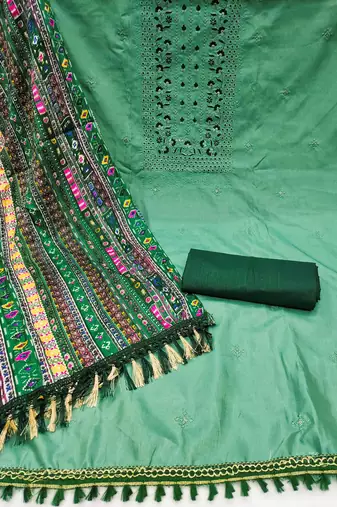 Women's classic green and pink color embrodiered and fancy border n combo dress material