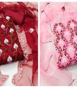 Women's modish maroon and pink color unstitched heavy chain stitched embrodiery combo dress material