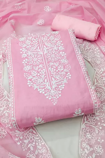 Women's charming maroon and pink color embrodiered and fancy border combo dress material