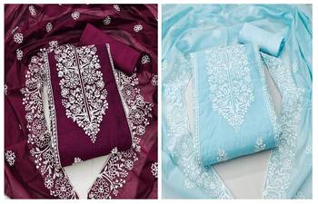 Women's polished purple and sky blue color embrodiered and fancy border combo dress material 1