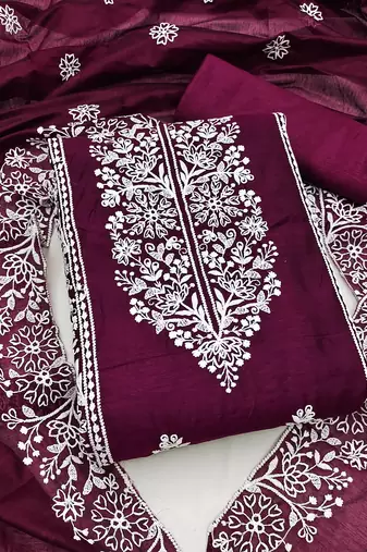 Women's polished purple and sky blue color embrodiered and fancy border combo dress material