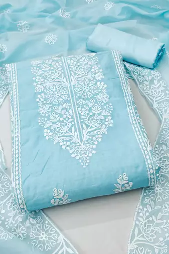 Women's polished purple and sky blue color embrodiered and fancy border combo dress material