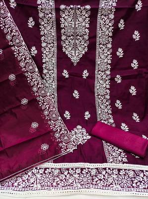 Women's polished purple and sky blue color embrodiered and fancy border combo dress material 4