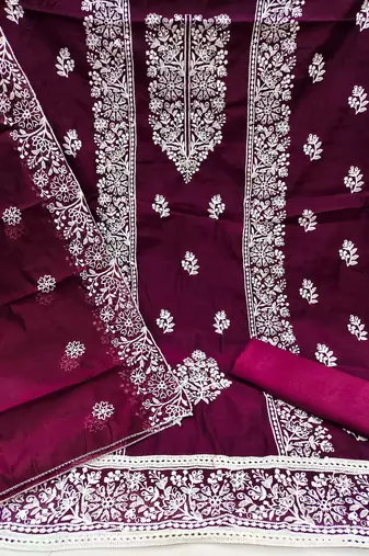 Women's polished purple and sky blue color embrodiered and fancy border combo dress material