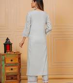 Womens cotton beige & white embroidery work kurta and pants with dupatta