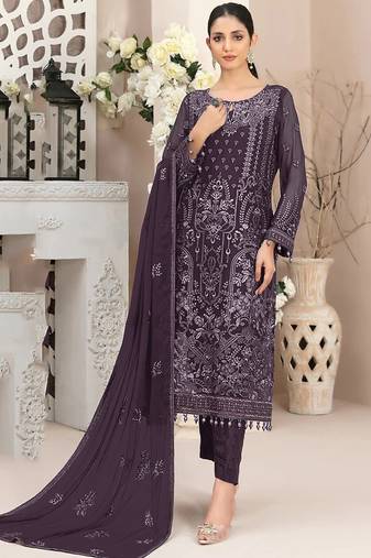Purple color embroideried faux georgette semi stitched salwar suit