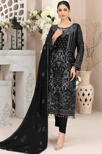 Black color embroideried faux georgette semi stitched salwar suit