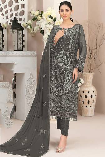 Light charcoal color embroideried faux georgette semi stitched salwar suit