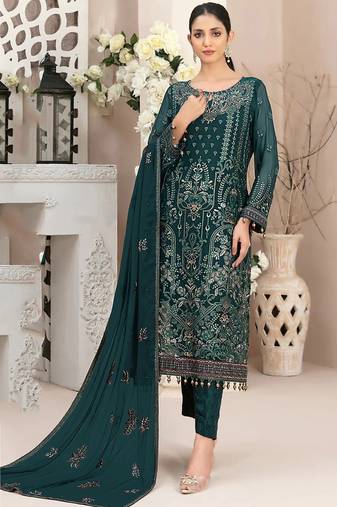 Dark-green color embroideried faux georgette semi stitched salwar suit