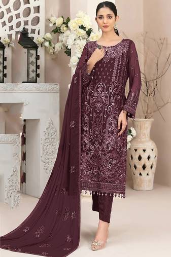Dark maroon color embroideried faux georgette semi stitched salwar suit