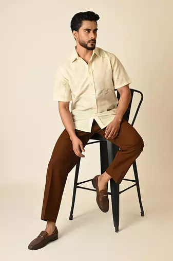 Cream pure linen embroidered thread doodle shirt