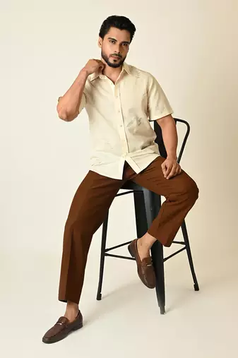 Cream pure linen embroidered thread doodle shirt