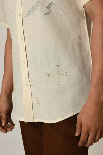 Cream pure linen embroidered thread doodle shirt