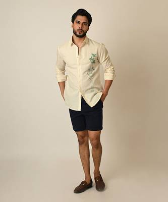 Cream pure linen embroidered thread palm tree shirt 1
