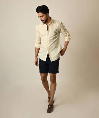 Cream pure linen embroidered thread palm tree shirt 2