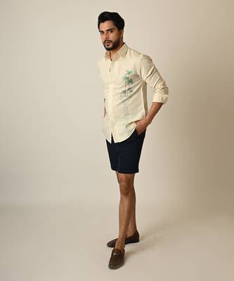 Cream pure linen embroidered thread palm tree shirt 3