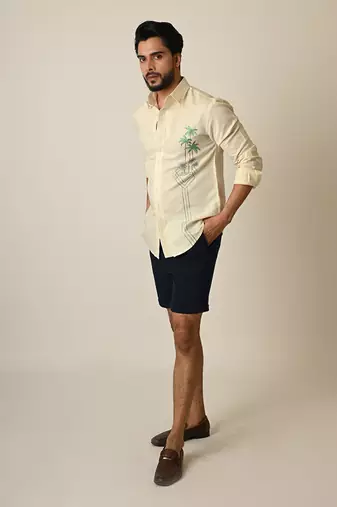 Cream pure linen embroidered thread palm tree shirt
