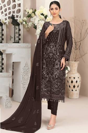 Coffee color embroideried faux georgette semi stitched salwar suit