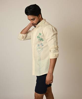 Cream pure linen embroidered thread palm tree shirt 4
