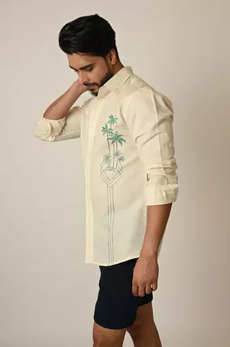 Cream pure linen embroidered thread palm tree shirt