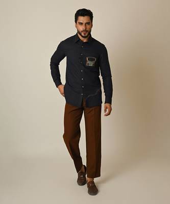Midnight blue pure linen embroidered thread radio shirt 1