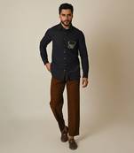 Midnight blue pure linen embroidered thread radio shirt