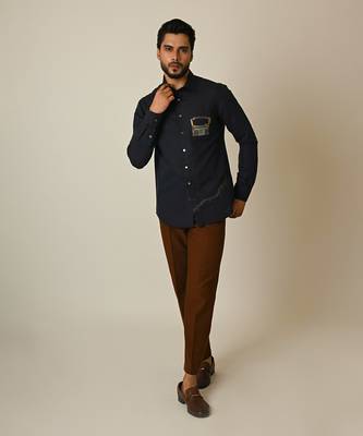 Midnight blue pure linen embroidered thread radio shirt 2
