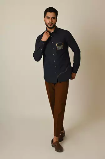 Midnight blue pure linen embroidered thread radio shirt