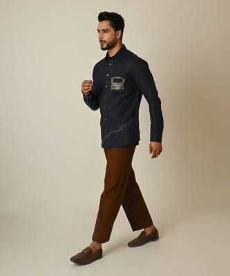 Midnight blue pure linen embroidered thread radio shirt 3