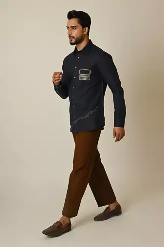 Midnight blue pure linen embroidered thread radio shirt