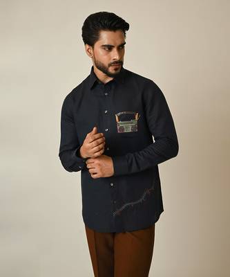 Midnight blue pure linen embroidered thread radio shirt 4