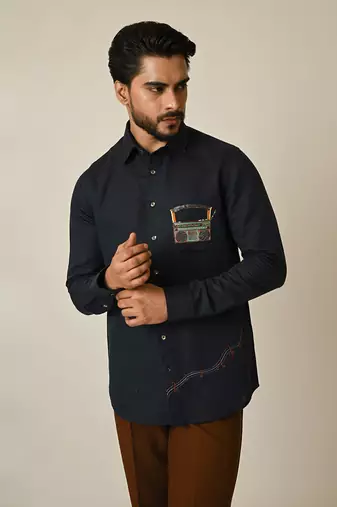 Midnight blue pure linen embroidered thread radio shirt