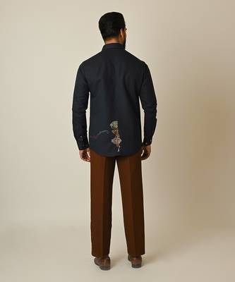 Midnight blue pure linen embroidered thread radio shirt 5