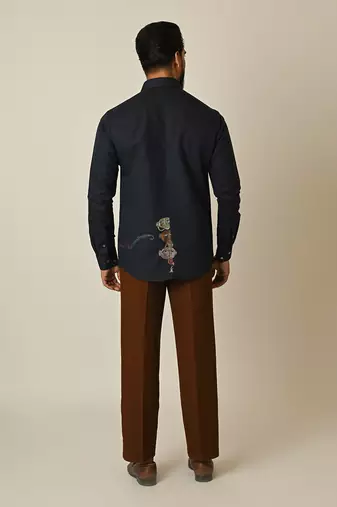 Midnight blue pure linen embroidered thread radio shirt