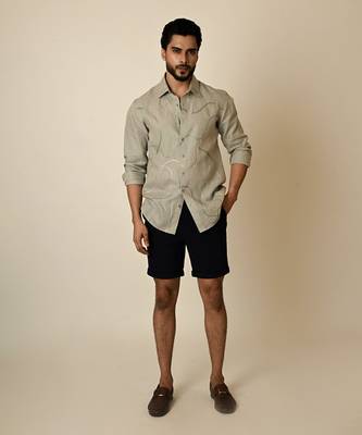 Grey pure linen embroidered thread abstract shirt 1