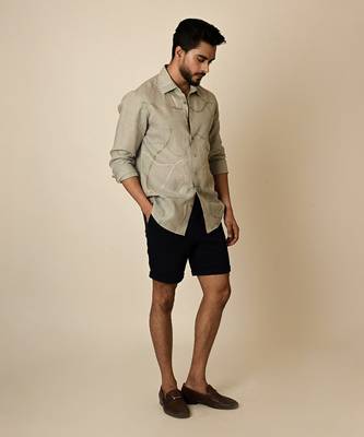 Grey pure linen embroidered thread abstract shirt 2