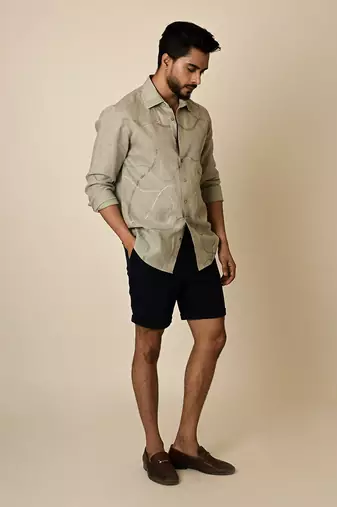 Grey pure linen embroidered thread abstract shirt