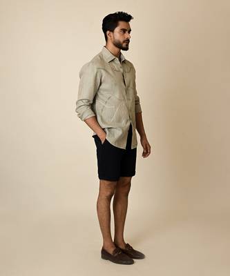 Grey pure linen embroidered thread abstract shirt 3