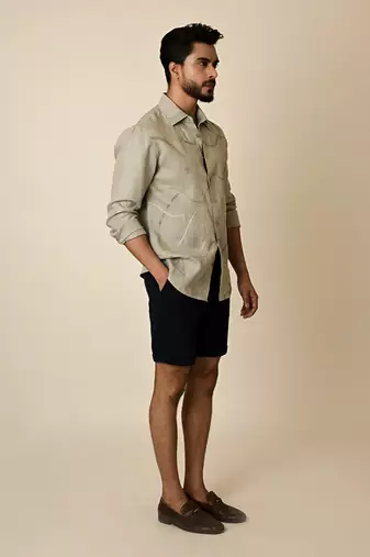 Grey pure linen embroidered thread abstract shirt