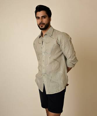 Grey pure linen embroidered thread abstract shirt 4