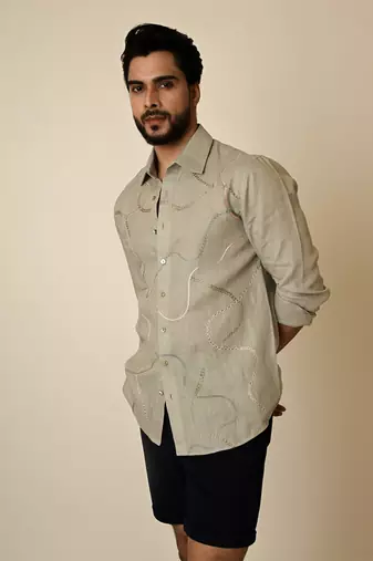 Grey pure linen embroidered thread abstract shirt