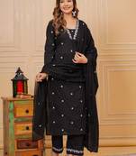 Womens cotton black & white embroidery work kurta and pants with dupatta