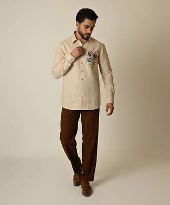 Beige pure linen embroidered thread cross hatching shirt 1