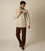 Beige pure linen embroidered thread cross hatching shirt