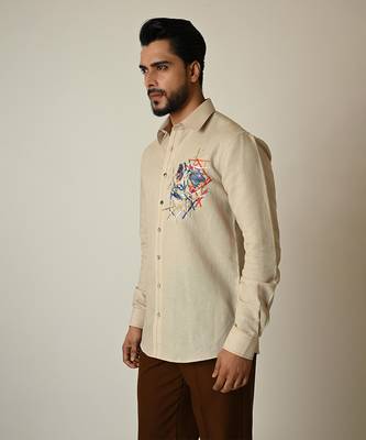 Beige pure linen embroidered thread cross hatching shirt 2