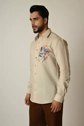 Beige pure linen embroidered thread cross hatching shirt