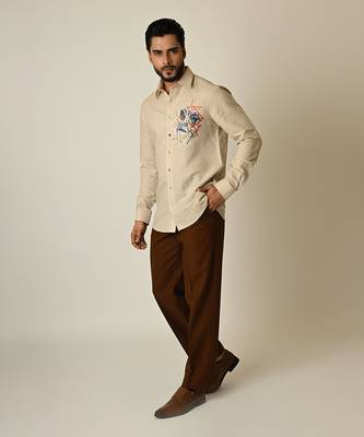 Beige pure linen embroidered thread cross hatching shirt 3