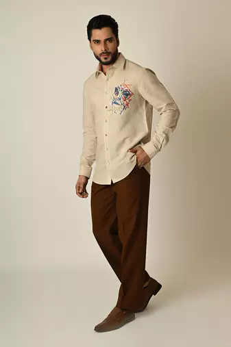 Beige pure linen embroidered thread cross hatching shirt