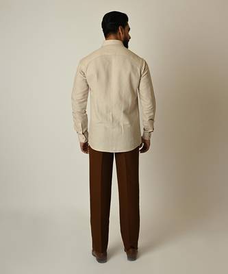 Beige pure linen embroidered thread cross hatching shirt 4